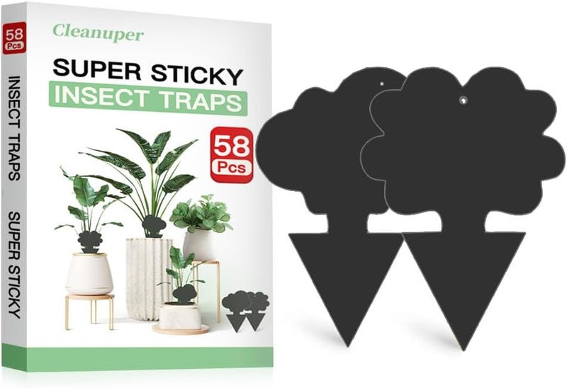 Cleanuper 58 Pack Flying Insect Traps for Plants – Black Sticky Traps for Fungus Gnats, Flies & Flying Bugs, Indoor Outdoor Flying Bug Catcher for Pots, Garden & Kitchen, Non-Toxic, Odorless, Kid & Pet Safe - Image 1
